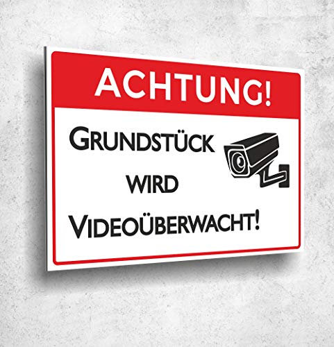 Panneau en aluminium composite avec inscription « Achtung Grundstück wird Videoüberwacht » - Impression UV - 20 x 30 cm - 3 mm - Fabriqué en Allemagne
