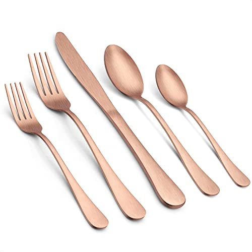 LIANYU 40 Piece Matte Copper Silverware Set, Stainless Steel Rose Gold Flatware Cutlery Set for 8, Fancy Kitchen Utensil Tableware for Home Restaurant Party, Satin Finish, Dishwasher Safe
