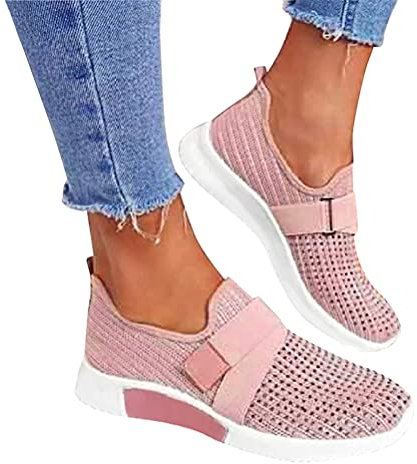 ORANDESIGNE Rosa Damen Casual Sneakers Trainer Dickbesohlige Casual Slip-on Einfarbig Strass Licht Atmungsaktive Walking Jogging Outdoor Flache Schuhe Rosa 40 EU