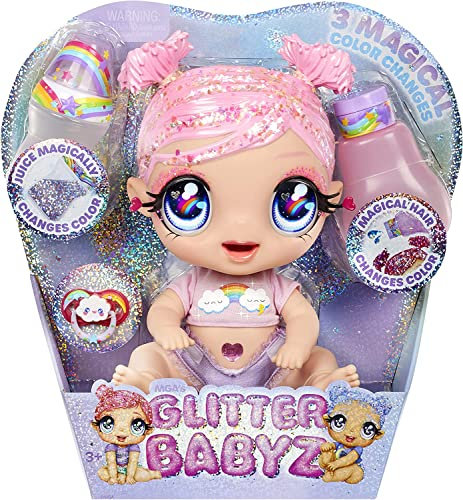 Glitter Babyz MGA DREAMIA Stardust - Babypuppe mit 3 magischen Farbwechseln durch eiskaltes Wasser, Rosa Glitzer-Haar, Regenbogen-Outfit, Windel, Flasche und Schnuller - Für Kinder ab 3 Jahren