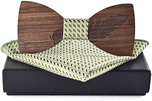 Youning Herren Hochzeit Holz Fliege Einstecktuch Schal Feder Gemustert Holzfliege Taschentuch mit Geschenkbox für Männer Dress Up Accessoires