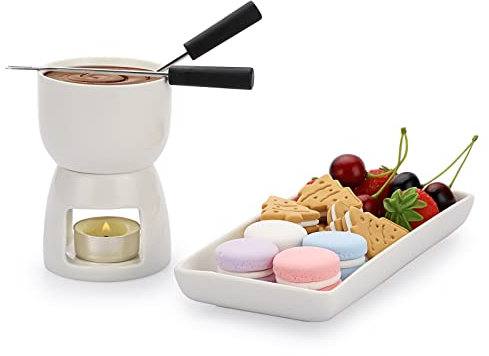 BSTKEY 150ML Ceramic Butter Warmer Set with Ceramic Rectangle Dish, Mini Fondue Pot Melting Pot Set, Melt Hot Pot Bowl Set For Cheese Chocolate Butter Caramel, with 2 Forks