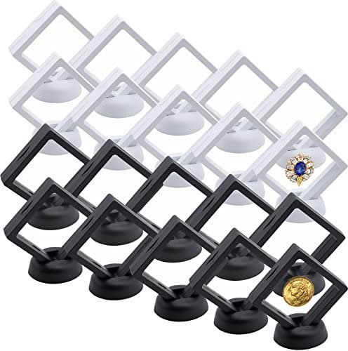 CIOUYAOS 20 Stück 3D schweberahmen Display Stand, Mini Coin Holder mit Basis, münzhalter münzkoffer Aufbewahrung für Jewelry Halskette Ring Ohrring Stempel medaillen münzen (Schwarz Weiß 7x7cm)