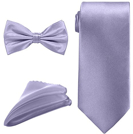 Trimming Shop Men's Ties Set, Bow Tie, Necktie & Pocket Square, Solid Color Classy Satin Neck Tie with Handkerchief for Casual & Formal Wear, Business Meetings, Weddings, Party