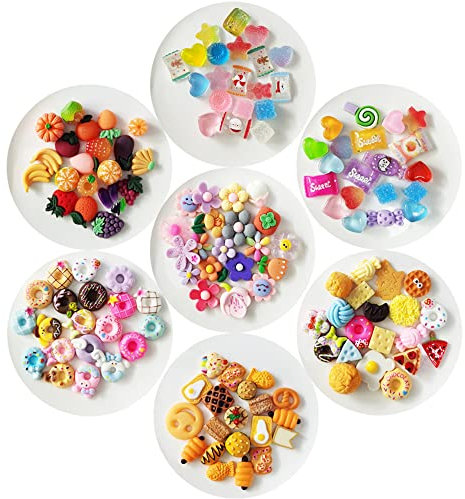 140 Stück sortierte Schleim-Anhänger, süße Süßigkeiten, süße Früchte, Donut-Anhänger, Ornamente, Harz-Cabochons mit flacher Rückseite für Kunsthandwerk, Ornamente, Scrapbooking – zufälliger Stil