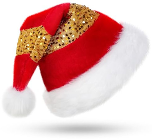 CITÉTOILE Erwachsene Weihnachtsmütze, Spleißstreifen mit Goldstickerei, verdickte Winter Weihnachtshut mit Plüsch Ball, Unisex Nikolausmütze, Rot