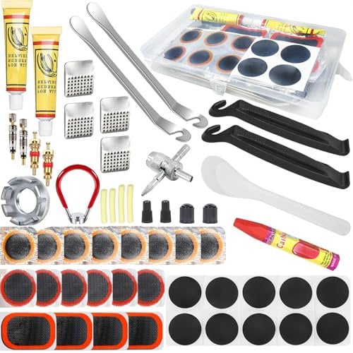 Ghguole Fahrrad ReifenFlickzeug Reparaturset,57 Stück Fahrrad Flickset,Fahrrad Schlauch Patch Kit mit 30 Flicken,Tragbarer Aufbewahrungsbox für Radfahrer/Moto/BMX/Geländefahrzeuge/Aufblasbaren Gummi