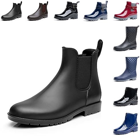 Hitmars Stivali Pioggia Donna Stivaletti Gomma Giardini Chelsea Bassi Lavoro Antiscivolo Ankle Boots Nero 35 EU