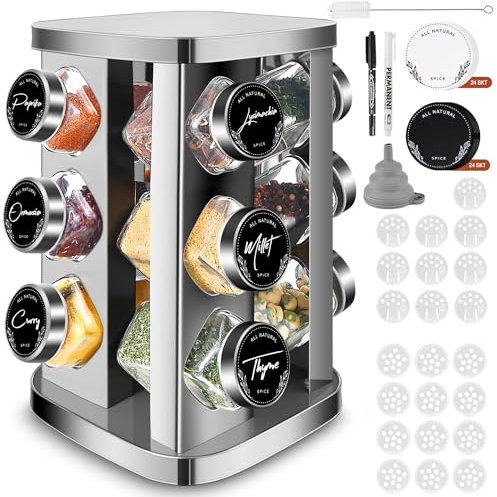 LXUDN 12 Gewürzgläser mit Regal,360°Gewürzregal mit Gläsern,4oz Gewürzgläser Eckig Streueinsatz, Gewürzstreuer Glas Versiegeltes,Gewürzdosen Leer,Spice Jars,Gewürzbehälter Edelstahl,Gewürz Organizer