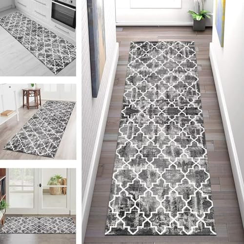 Teppich Läufer Flur Küche rutschfest waschbar Küchenläufer Korridor Tepiche Lang 100X250CM Grau Weiß Marokko Teppichläufer Meterware Kücheteppich Schlafzimmer Wohnzimmer Flurmatte Breit 40-120cm