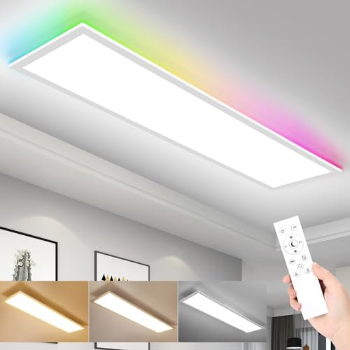 IEGLED Plafoniera LED Soffitto a Pannelli 100x25cm, Design Moderno con Luce RGB e Telecomando, 30W 3300lm Dimmerabile (3000K-6500K) - Per Soggiorno, Camera da Letto, Corridoio - Bianco