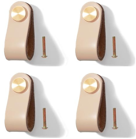 Yuaaoh Lederknöpfe Möbel 4 Stück Schubladenknöpfe aus Leder Schrankgriffe Lederschlaufen mit Schrauben Knöpfe Kommode Leder Schrank Ledergriffe für Wohnkultur, Möbelgriffe Einzelloch (Khaki)