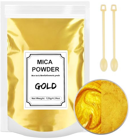 120g Poudre de Mica, Colorant Résine Époxy, Poudre de Mica Métallique Naturel pour Résine Époxy, Fabrication Bougie, Maquillage, Peinture, Slime, Kit Savon (Or)