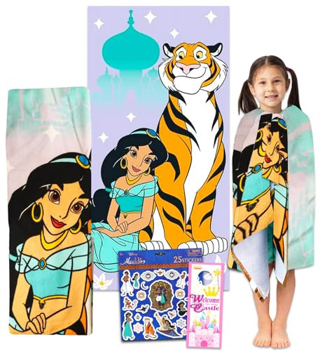 Disney Aladdin - Juego de toallas de baño para niños, paquete con toalla de playa gigante de princesa jazmín de 27 x 54 pulgadas con calcomanías, más | Decoración de baño Aladdin para niñas