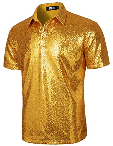 JOGAL Herren 70er Pailletten Hemd Kurzarm Disco Party Oberteile Nightclub Glitzer Poloshirts Gold Mittel