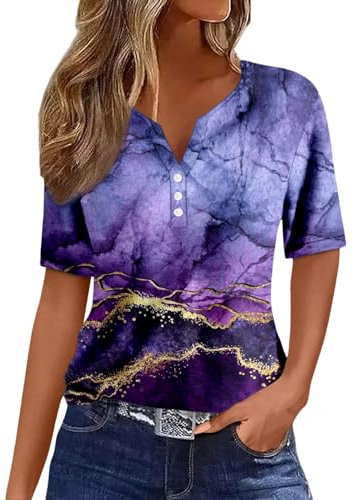 Kanpola Bluse Damen Elegant V-Ausschnitt T-Shirt Mode Bunte Drucken Lose Kurzarm Sommeroberteile Knopfleiste Tunika Tops Frauen Hemdbluse Freizeit Strand Oberteile Sommershirts