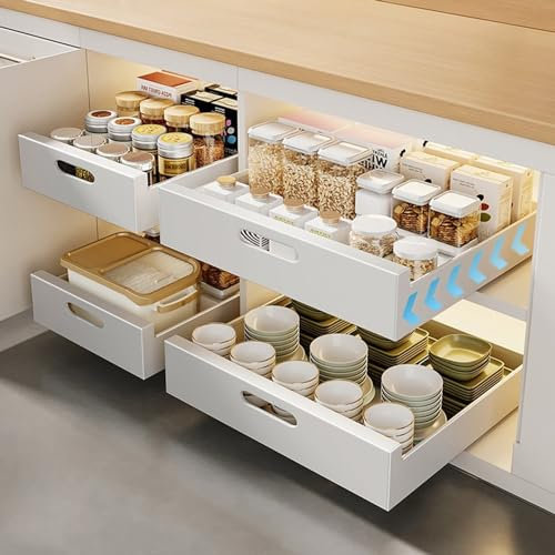 Teleskopschublade, Schrankauszug küche aus Kohlenstoffstahl, Slide Out Drawer Cabinet Organizer Küche,küchenschrank auszug, Küchenschublade , Ausziehbare Ausziehbare Schublade (weiß,2 Stück 35CM)