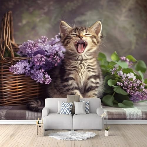 Papier Peint Panoramique Chat Animal, Fleur Pourpre, 250 x 175 cm Papier Peint Intissé Personnalisé Photo Murale pour Salon Chambre d'enfants restaurant Appartement Décoration Murale