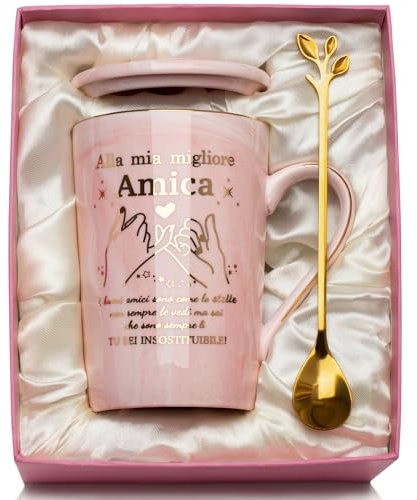 Regalo Migliore Amica Tazza in Ceramica Marmo 14Oz con Coperchio, Cucchiaio, Biglietto - Idee Compleanno in Confezione Regalo