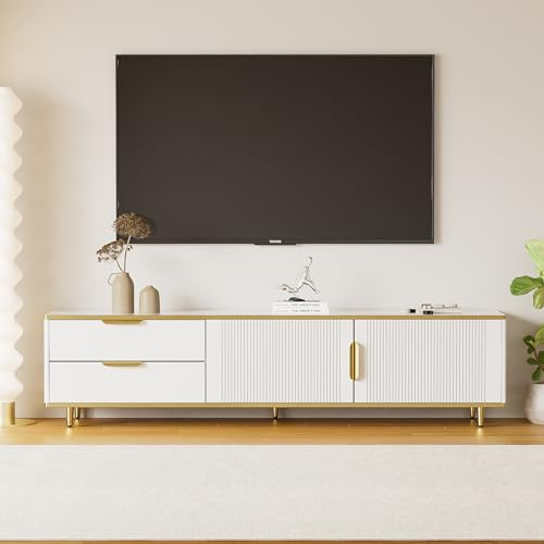 KecDuey Mobile TV 175 x 40 x 45 cm, piatto basso con texture intagliata, manici e piedi dorati, mobili da soggiorno con struttura in marmo, TV basso (bianco, 175 x 40 x 45 cm)