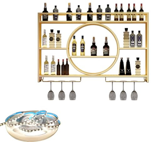 Weinregal Wand Metall Flaschenregal Schmal Wine Rack Bar Regal Wand mit Weinglashalter Getränkeregal mit LED-Licht Weinständer Esszimmermöbel für Bartheke Wohnzimmer Küche Home Bar(Gold,100cm/39.37in)