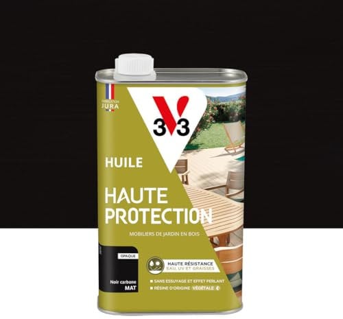 V33 Huile bois extérieur Haute Protection Noir carbone mat - Pour mobilier de jardin - Haute résistance eau, UV et graisses - Sans essuyage et effet perlant - Résine d'origine végétale - 1L