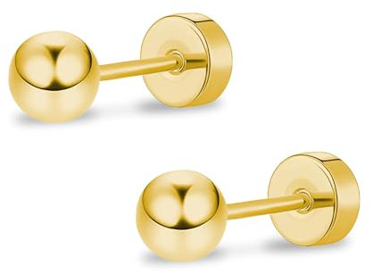 ZDE Titan Damen Ohrringe flach zurück Kugel Ohrstecker Frauen hypoallergene stecker für empfindliche Ohren 3mm flach Ohrstecker perfekt für Helix Tragus Knorpel Ohrläppchen (Gold)