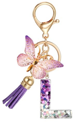 JSRQT Portachiavi con Lettera Iniziale L, Portachiavi con Lettera Alfabeto in Resina Viola per Donne Ragazze con Ciondolo Farfalla Nappa, Nome Lettera Iniziale Portachiavi per Borse Zaini Chiave