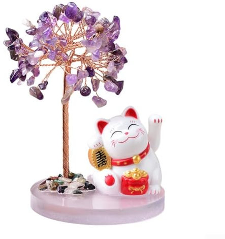 Feng Shui Lucky Tree, Artistic Feng Shui Tree Penny Tree Feng Shui Decoration with Lovely Lucky Cat Base for Wealth Lucky Home Decoration(Purple)