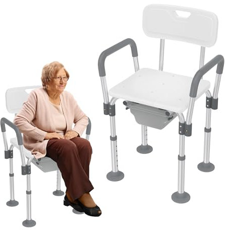 YRHome Höhenverstellbarer Alu Toilettenstuhl Duschstuhl mit Abnehmbaren Armlehnen und Rückenlehne Duschhocker Rutschfester,Bis 150 kg,Für Senioren, Schwangere,Menschen mit Mobilitätseinschränkungen