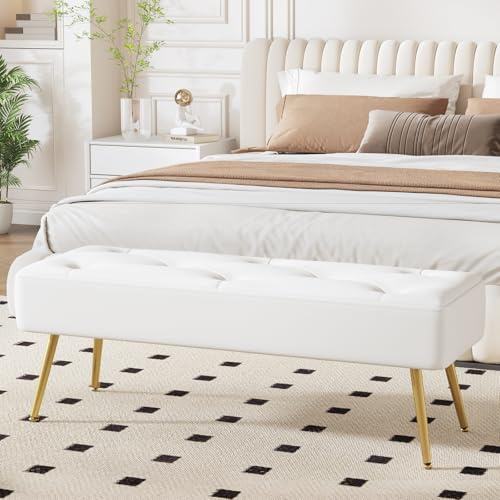 Ckaff Panca Fondo Letto, Panca Imbottita da Ingresso 113.5x36.5x43cm, Sgabello per Scarpe in Pellle PU Poggiapiedi Cassapanca per Camera da Letto Ingresso Corridoio Soggiorno Salotto, Bianco