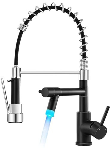 Warmiehomy LED Professionell Wasserhahn Küche,360° Schwenkbar Küchenarmatur mit Zwei Auslauf,Hoher Bogen Spiralfeder Brause Armatur Küche für Spültischarmatur,Schwarz und Chrom