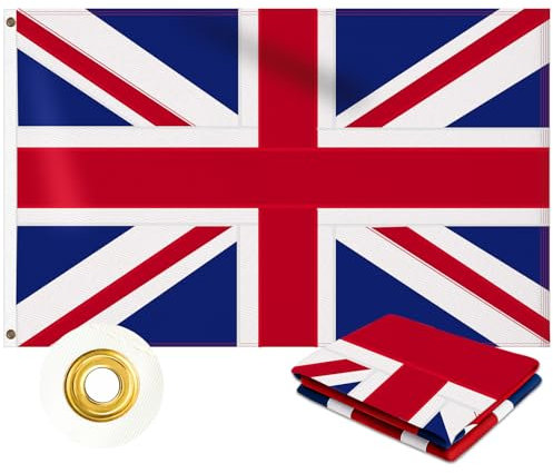Bandiera del Regno Unito, 90 x 150 cm, tessuto Oxford 210D resistente, con 4 file di cuciture, Union Jack con 2 occhielli in ottone, per pareti, giardini, interni ed esterni, decorazioni nazionali