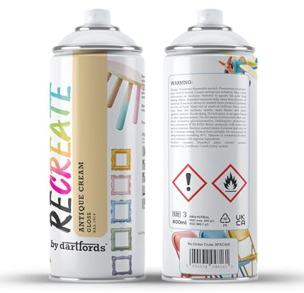 RECREATE Antique Cream Gloss Spray Paint for Wood, Metal, Plastic | Quick Drying, Smooth, Durable, Easy-to-Apply | Suitable for Indoor / Outdoor | For Furniture, Craft, Doors, Ornaments, Pots, Frames