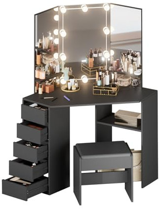 Joiemebi Toeletta da Trucco Angolare, Tavolino da Toilette Illuminato con 3 Specchi, 5 Cassetti, 2 Ripiani e 1 Sgabello per la Camera da Letto, 110,5 x 55 x 141 cm (Nero)