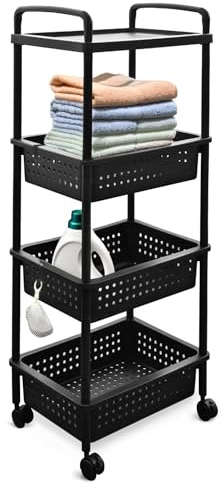 ABBAware Rollwagen mit 3 Körben, 40 x 30 x 100 cm Kunststoff Schwarz - Ablagefachwagen/Aufbewahrungswagen mit Rollen für Küche, Bad, Wohnzimmer