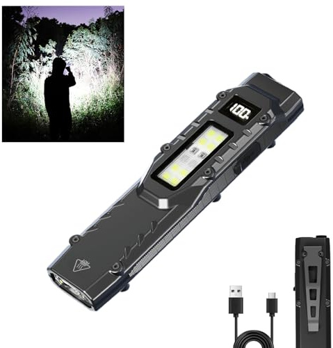 MAKDAK Linterna EDC Táctica Recargable - Pantalla Digital de Altos Lúmenes, Luz de Bolsillo, 5+4 Modos con LEDs UV Rojo y Blanco, Acero Inoxidable e IPX4 para Uso Diario, Camping, Emergencia
