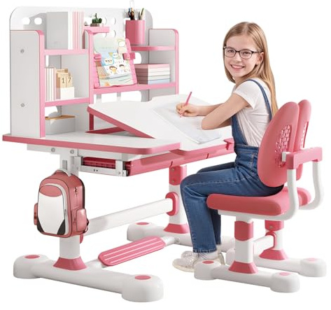 gihusrzx Kids Functional Desk and Chair Set, Ergonomic Height Adjustable Children School Study Desk Writing Tables with Tilt Desktop, Book Stand, and Storage Drawer for Boys and Girls Pink
