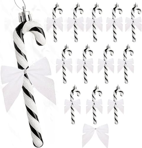 HERZWILD 24Pcs Christmas Glitter Candy Cane with Bow Christmas Tree Hanging Ornament (White)