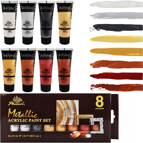 Phoenix Metallic Acrylfarben Set 8 x 21 ml, Ungiftige Künstler Acrylfarbe in Gold Silber Kupfer & Bronze, Schimmernde Effektfarben für Leinwand Holz & DIY, Premium Bastelfarben (ACMI AP Zertifiziert)