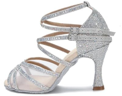 OWEIEYEU Scarpe da ballo latino da donna con strass, scarpe da ballo per matrimoni, feste, tacchi alti, Tacco Argento 5cm, 37 EU