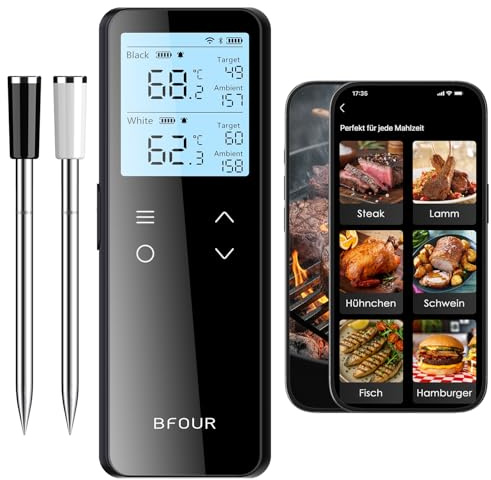 BFOUR BF-80 Fleischthermometer kabellos, WLAN & Bluetooth Grillthermometer, 2 Sonden, WLAN unbegrenzte Reichweite, IP67 wasserdicht, APP-Steuerung, Bratenthermometer für BBQ, Backofen, Grill