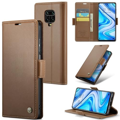 Rerzoiro Handyhülle für Xiaomi Redmi Note 9S / Xiaomi Redmi Note 9 Pro Hülle, Premium PU Lederhülle Klappbar Flip Case [RFID Blocker] Tasche Magnet Kartenfach Klapphülle Schutzhülle, Braun