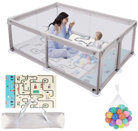 Truevaste Laufstall Baby 120x180 mit Matratze, 65cm hohes Laufgitter, Playpen mit 50 Bällen & 8 Rutschfesten Saugnapf-Füßen, Sicherer & Großzügiger Spielbereich für Indoor Outdoor, Einfach Aufzubauen