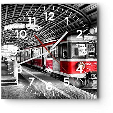Modern Wanduhr Bahn Bahnhof Zug Transport 30x30cm Quadrat Klein Wand Uhr Glas Analog Zimmeruhren Küche Büro Wohnzimmer Glasuhr Wall Clock Dekoration Design Wanddekoration Küchenuhr C4AC30x30-2558
