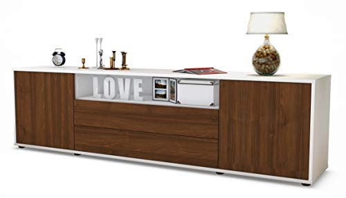 Stil.Zeit TV Schrank Lowboard Armanda, Korpus Weiss matt, Front Holz-Design Walnuss (180x49x35cm), mit Push-to-Open Technik & Leichtlaufschienen