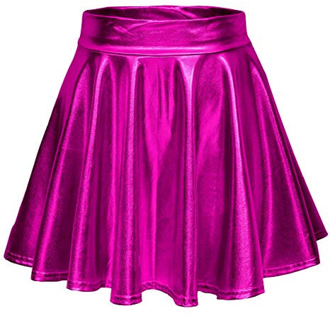 Damen Glänzend Höhe Taille Liquid Mini Rock Metallisch Elastische Taille A-Linien Pull On Skater Röcke (M, Rosa Rot)