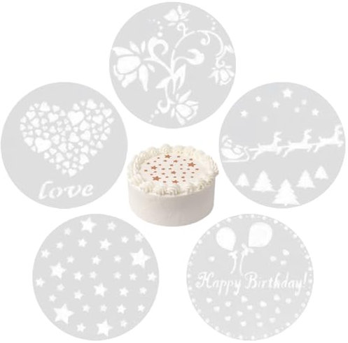 Mecmbj Tortenschablone, Torten Zubehör, 5PCS Kuchen Blumenspray Schablonen, alles Gute zum Geburtstag, Liebesmuster, verwendet für DIY Zuckerpulver Sieb Gebäck Spray Backwerkzeuge (Größe: 24 * 24cm)