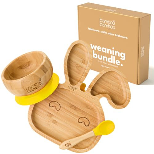 bamboo bamboo Baby Plate & Baby Bowl Weaning Set, Suction Plate and Bowl for Feeding and Weaning, Bamboo Bunny Plate, Toddler Bowl & Baby Spoon, Suction Plates for Babies from 6 Months (Bunny, Yellow)