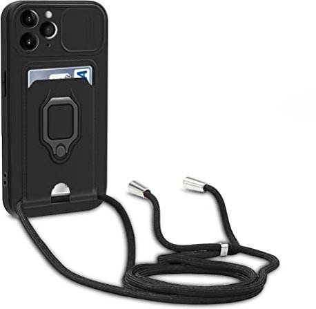 yanasuo Schiebe Kameraschutz Silikon Handykette Hülle kompatibel mit iPhone 11 Pro, Metall Ring Halter Handy Cover,Verstellbarer Halskette Handyhülle-Schwarz